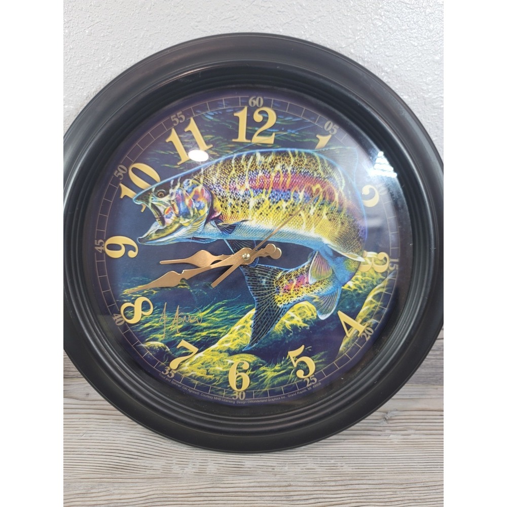 Trout Fishing Clock Face Used Works Black frame standard battery one AA